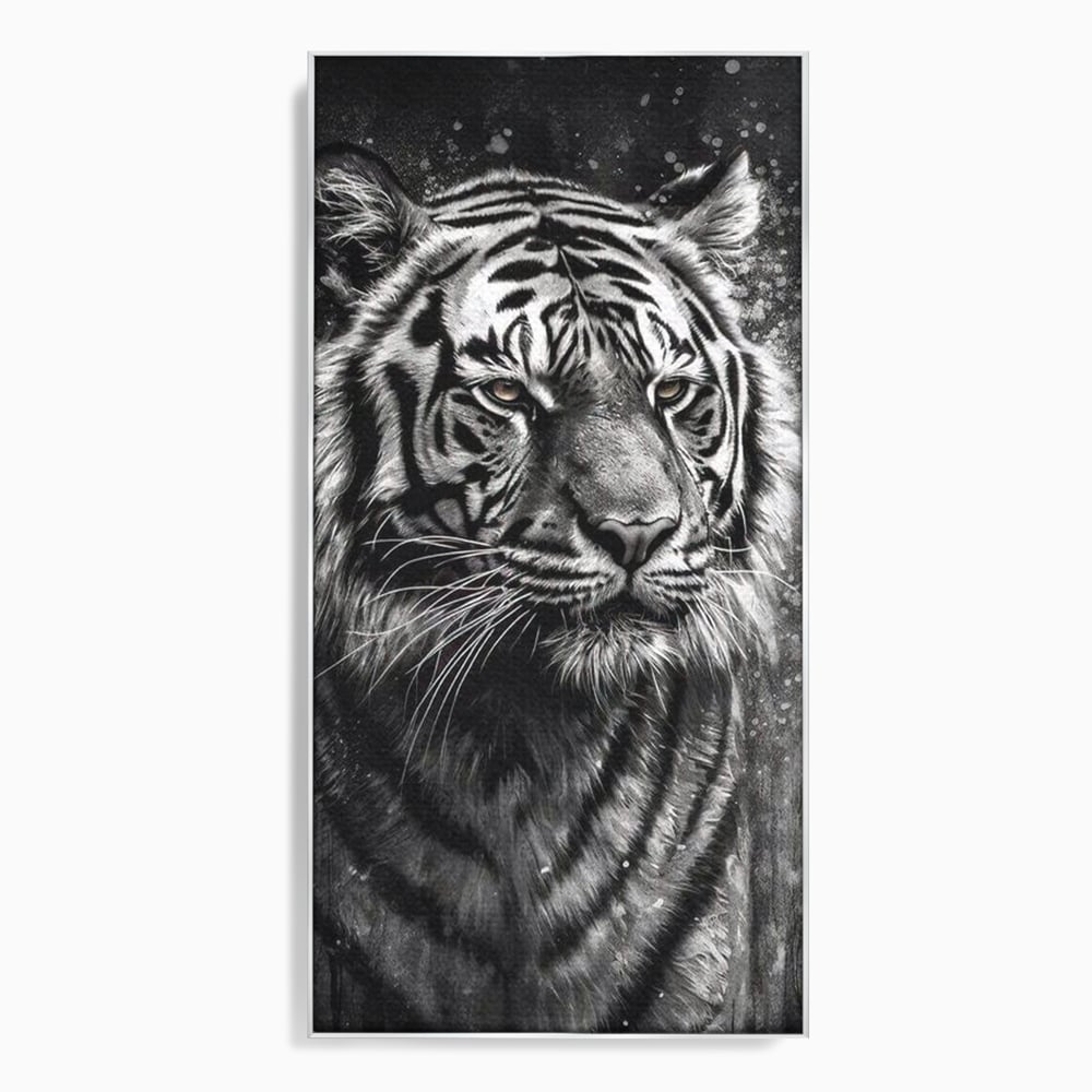 Tablou canvas cu tablou canvas portret tigru alb negru, in rama de aluminiu argintiu