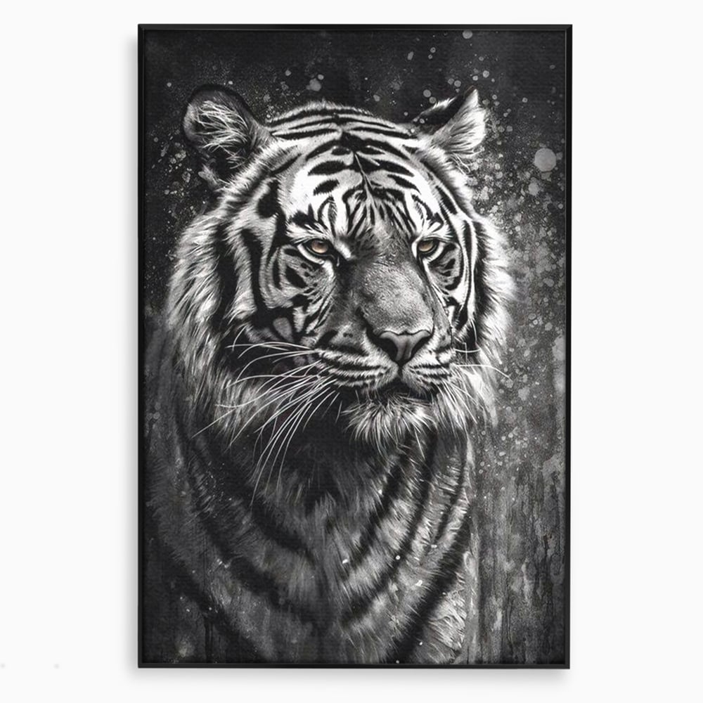 Tablou canvas cu tablou canvas portret tigru alb negru, in rama de aluminiu negru
