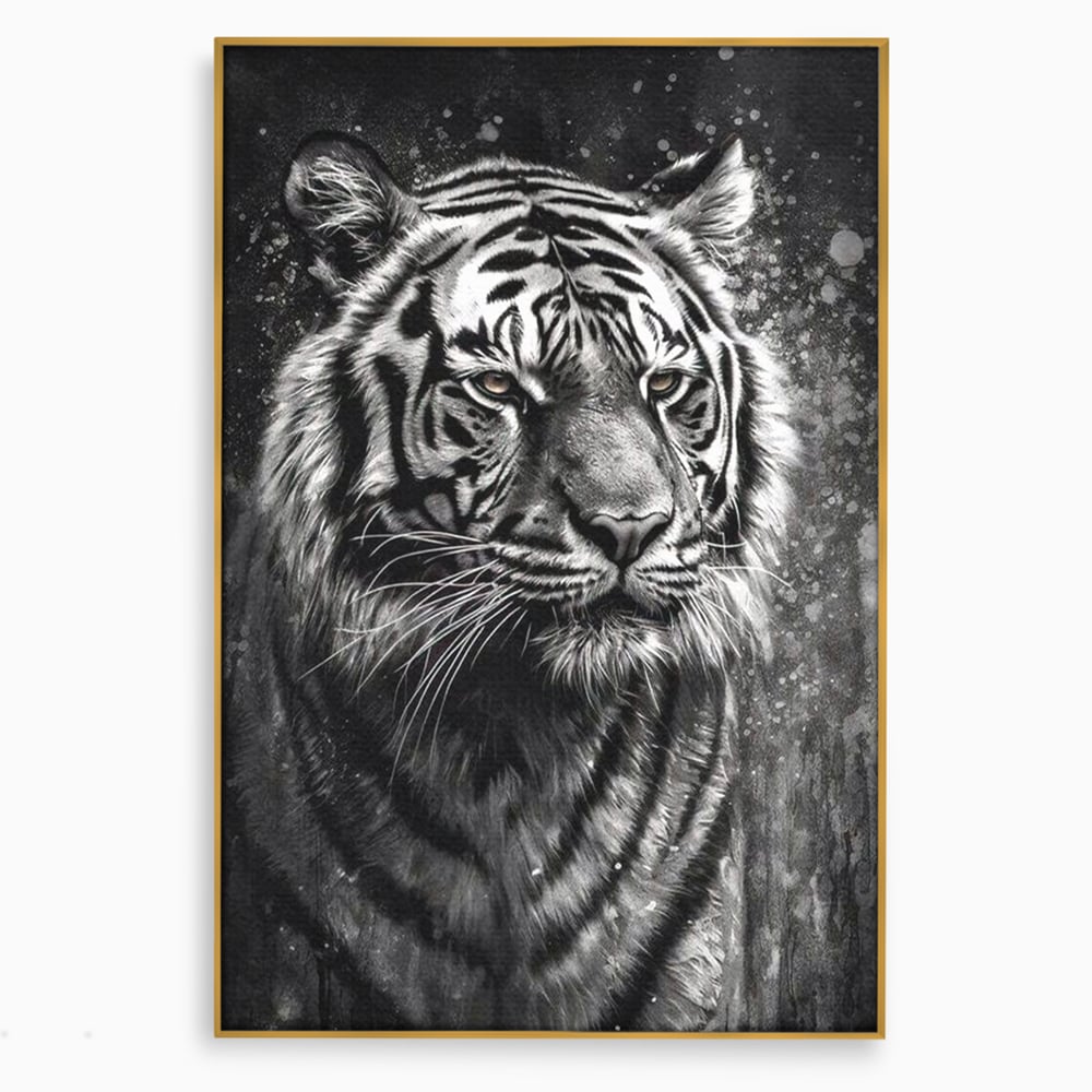 Tablou canvas cu tablou canvas portret tigru alb negru, in rama de aluminiu auriu