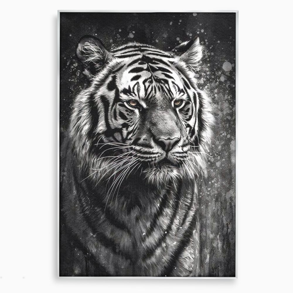 Tablou canvas cu tablou canvas portret tigru alb negru, in rama de aluminiu argintiu