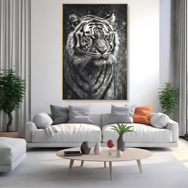 Tablou canvas cu tablou canvas portret tigru alb negru, in rama de aluminiu auriu, pe perete intr-un living