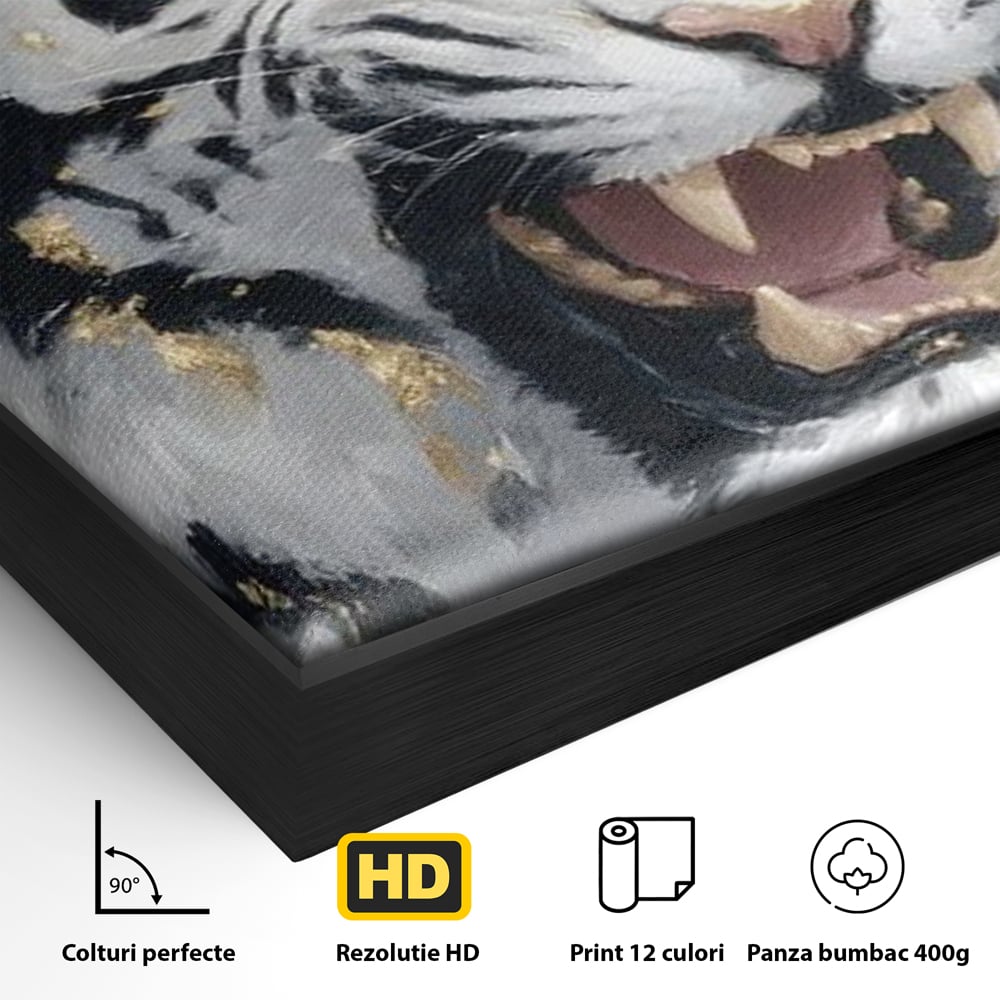 Detaliu al suprafetei: tablou canvas cu tigru alb si auriu, in rama de aluminiu negru