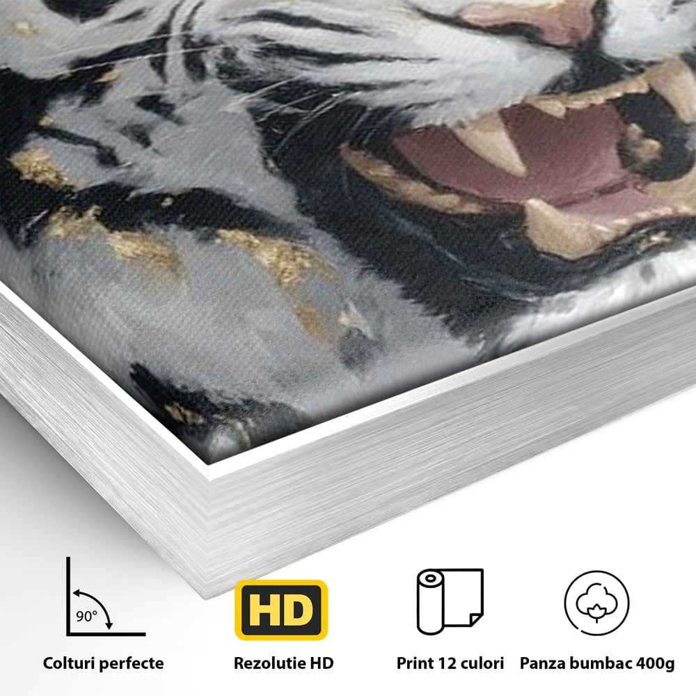 Detaliu al suprafetei: tablou canvas cu tigru alb si auriu, in rama de aluminiu argintiu