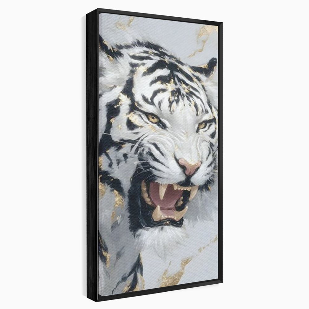 Tablou canvas cu tablou canvas cu tigru alb si auriu, in rama de aluminiu negru