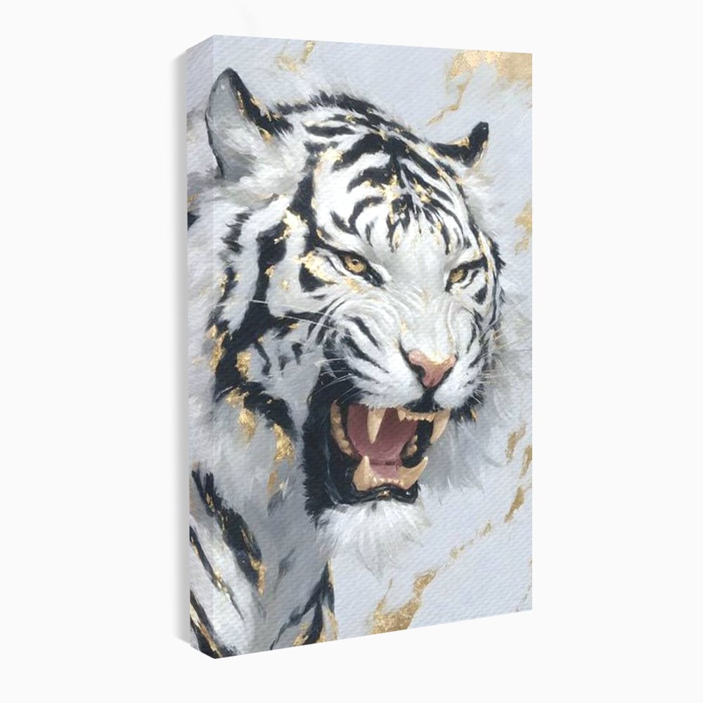 Tablou canvas cu tablou canvas cu tigru alb si auriu, fara rama, pe sasiu de lemn