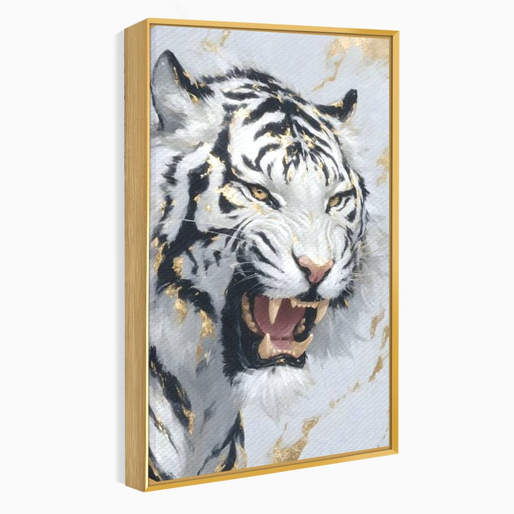 Tablou canvas cu tablou canvas cu tigru alb si auriu, in rama de aluminiu auriu