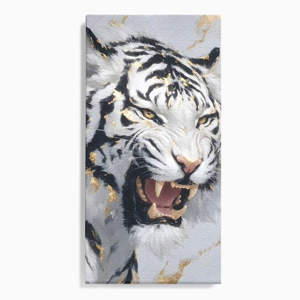 Tablou canvas cu tablou canvas cu tigru alb si auriu, fara rama, pe sasiu de lemn