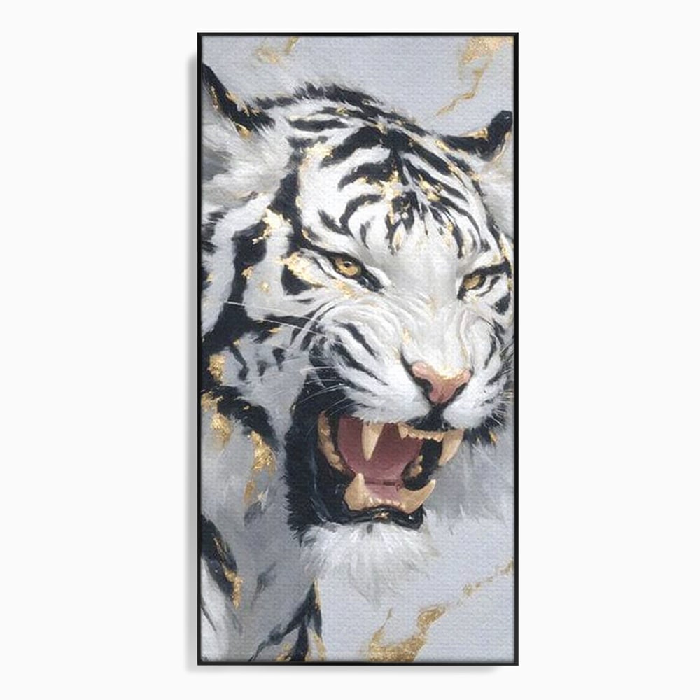 Tablou canvas cu tablou canvas cu tigru alb si auriu, in rama de aluminiu negru
