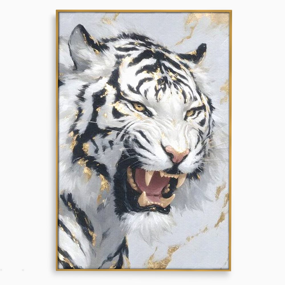 Tablou canvas cu tablou canvas cu tigru alb si auriu, in rama de aluminiu auriu