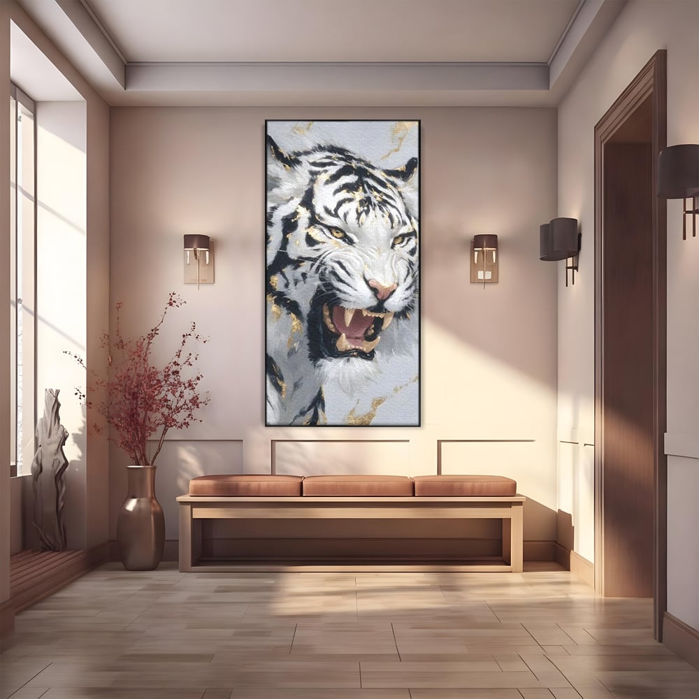 Tablou canvas cu tablou canvas cu tigru alb si auriu, in rama de aluminiu negru