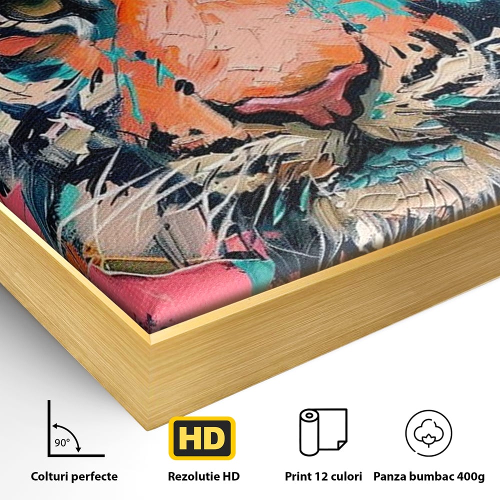Detaliu al suprafetei: tablou canvas cu tigru colorat, in rama de aluminiu auriu