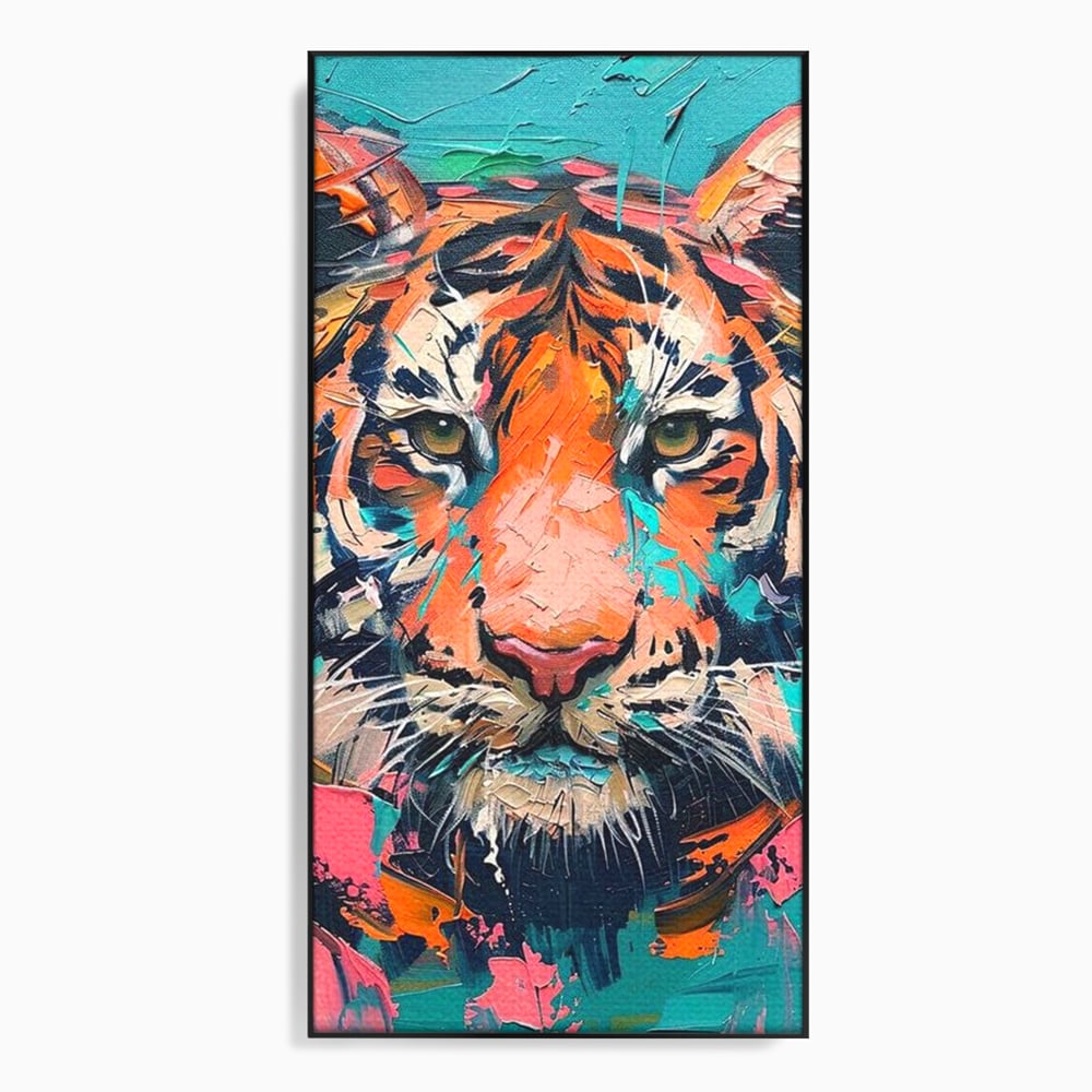 Tablou canvas cu tablou canvas cu tigru colorat, in rama de aluminiu negru