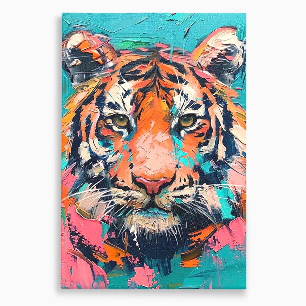 Tablou canvas cu tablou canvas cu tigru colorat, fara rama, pe sasiu de lemn
