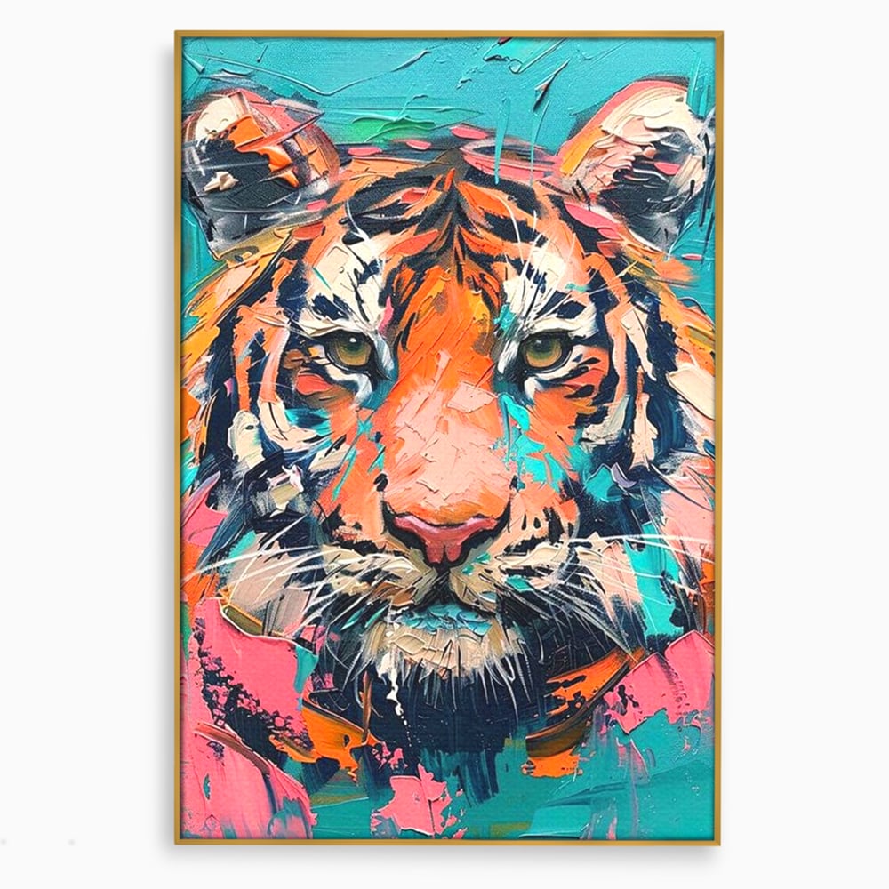Tablou canvas cu tablou canvas cu tigru colorat, in rama de aluminiu auriu