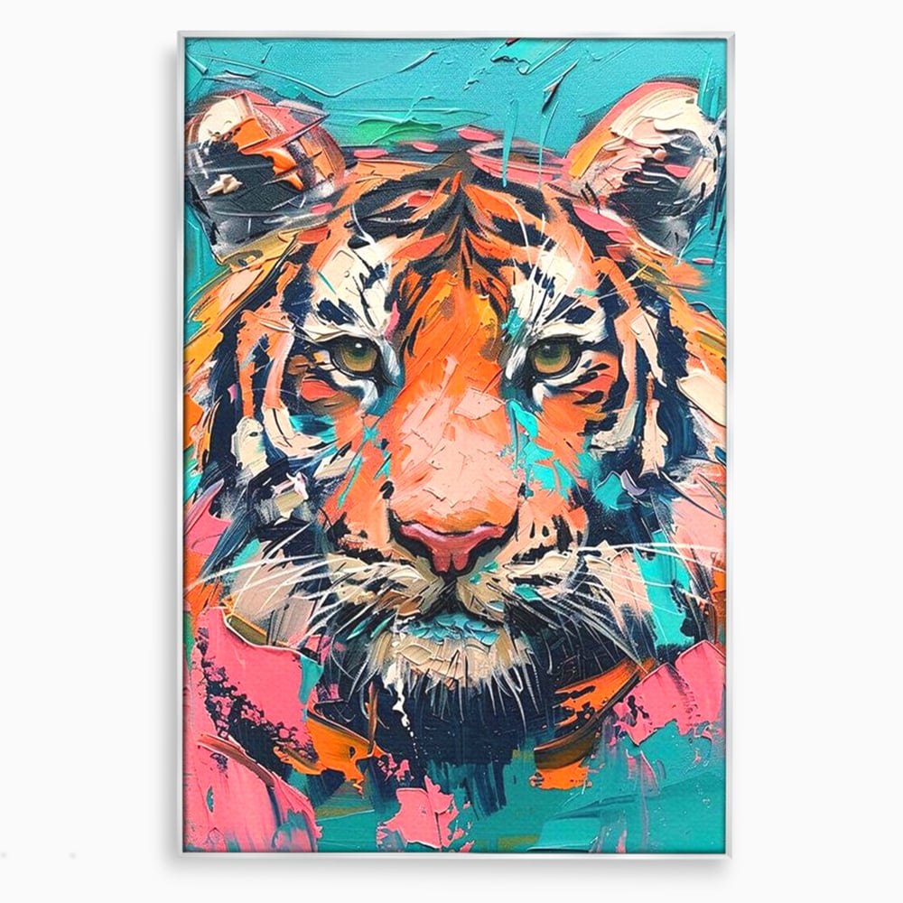 Tablou canvas cu tablou canvas cu tigru colorat, in rama de aluminiu argintiu