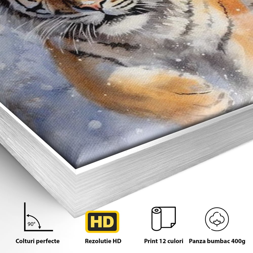 Detaliu al suprafetei: tablou canvas cu tigru in zapada, in rama de aluminiu argintiu