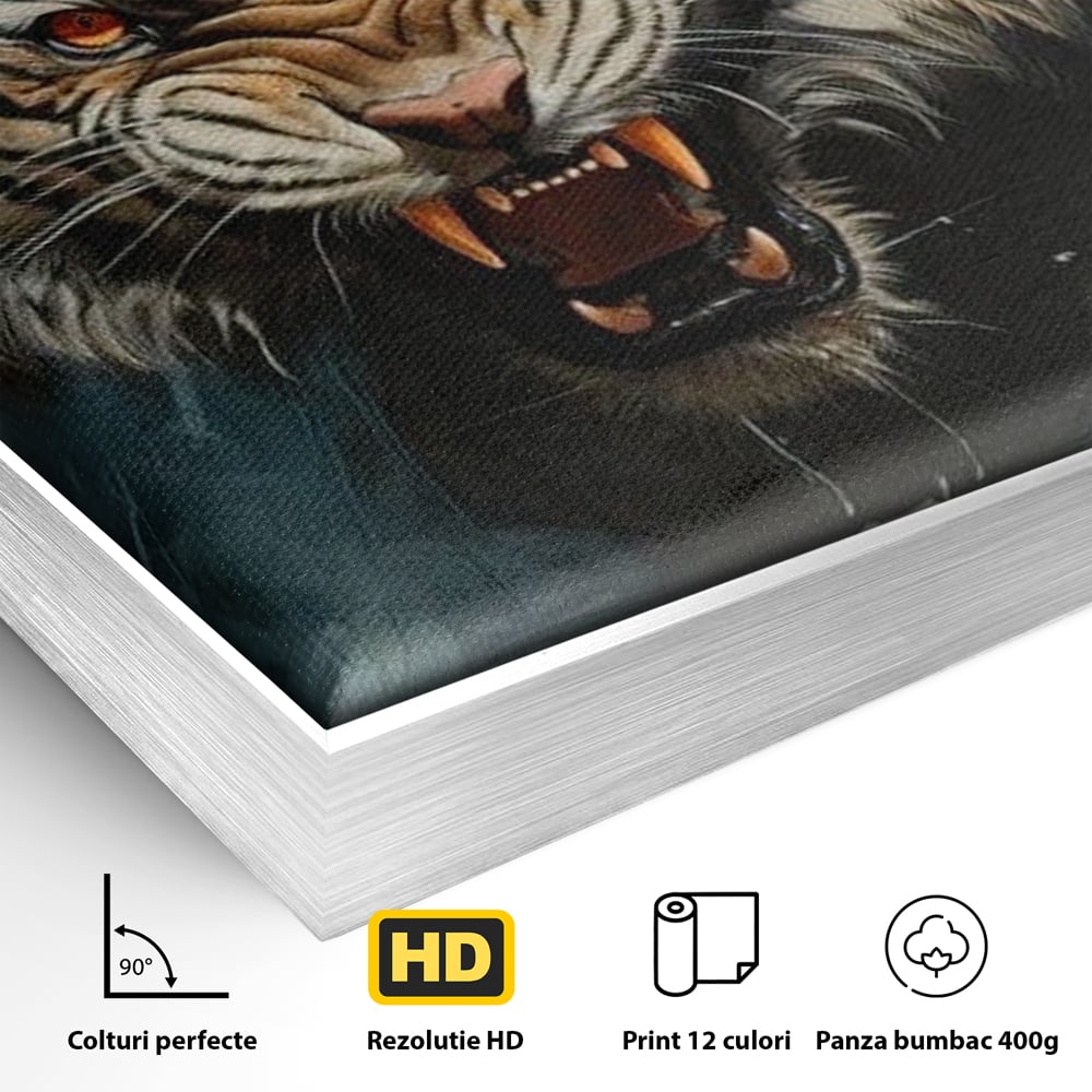 Detaliu al suprafetei: tablou canvas cu tigru furios, in rama de aluminiu argintiu