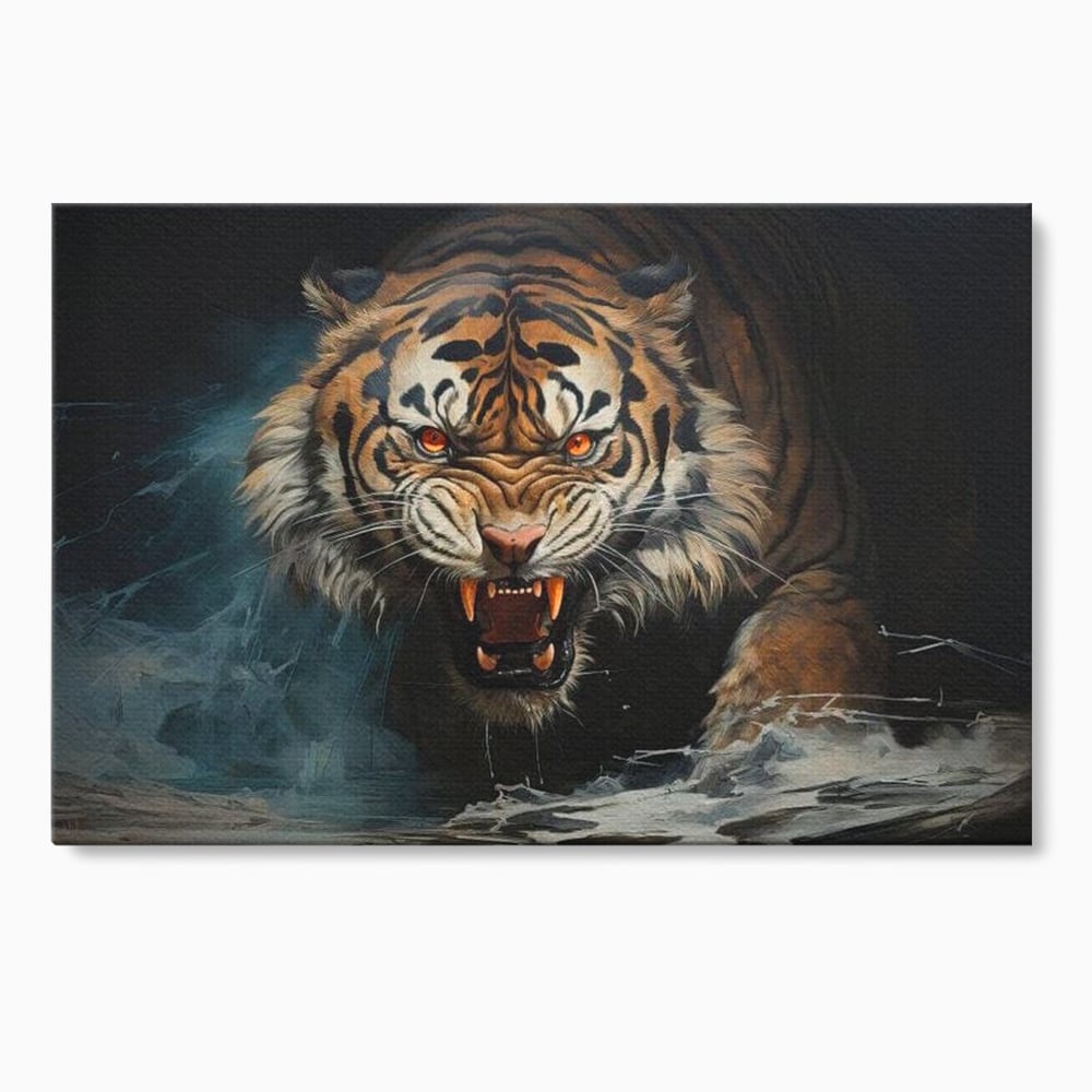 Tablou canvas cu tablou canvas cu tigru furios, fara rama, pe sasiu de lemn