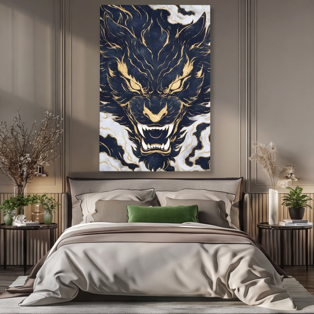 Tablou canvas cu tablou canvas cu cap de tigru furios, fara rama, pe sasiu de lemn, pe perete intr-un dormitor