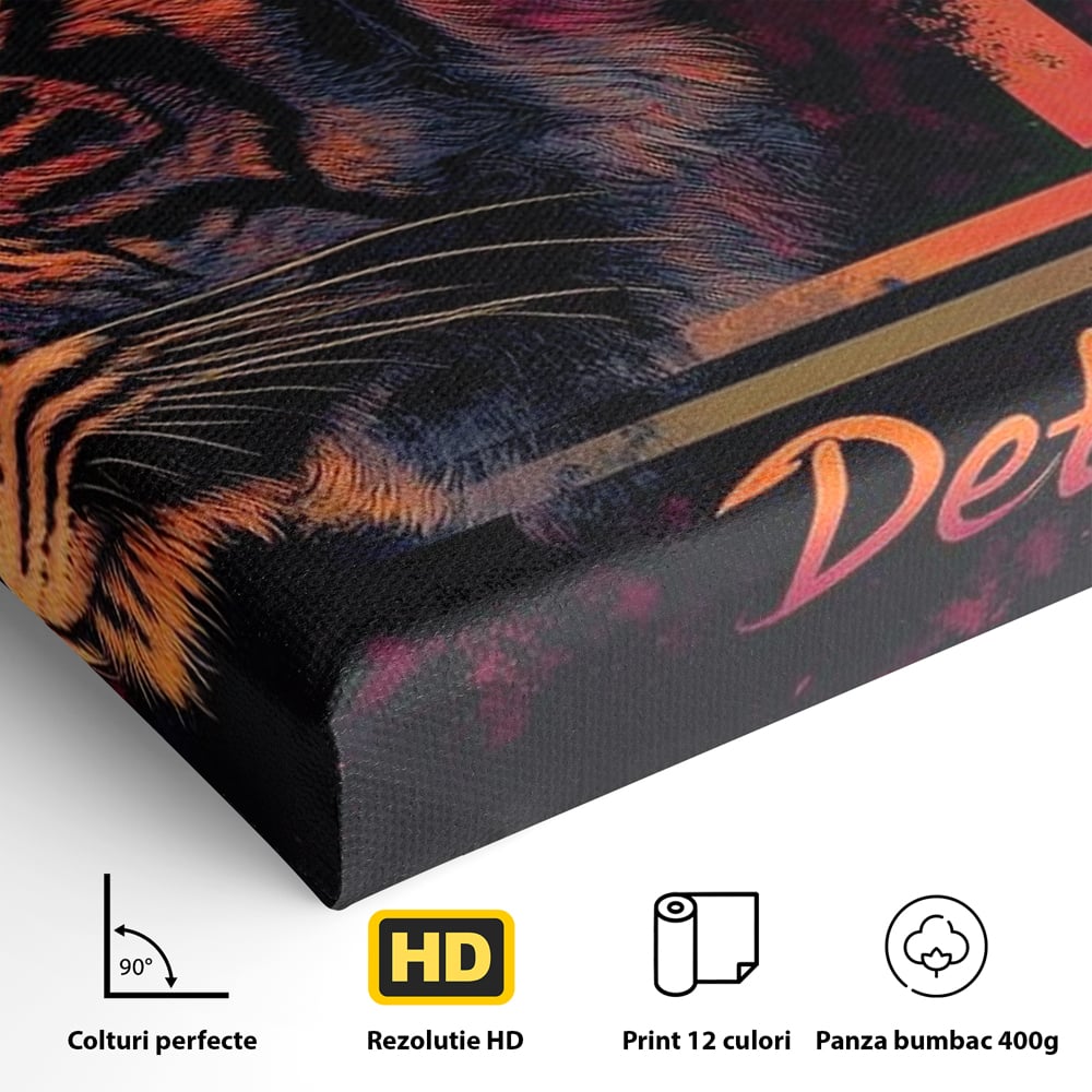 Detaliu al suprafetei: tablou canvas cu profil de tigru neon, fara rama, pe sasiu de lemn