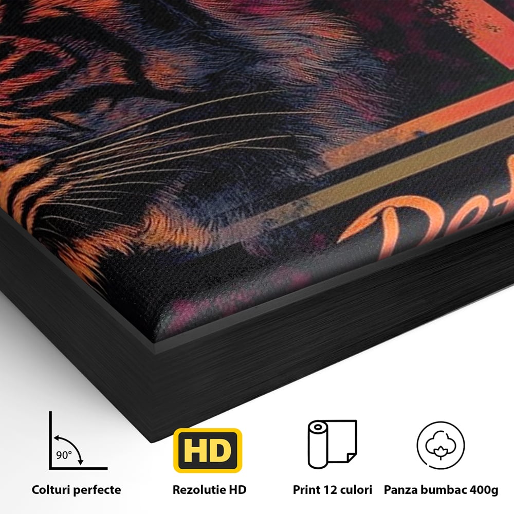 Detaliu al suprafetei: tablou canvas cu profil de tigru neon, in rama de aluminiu negru