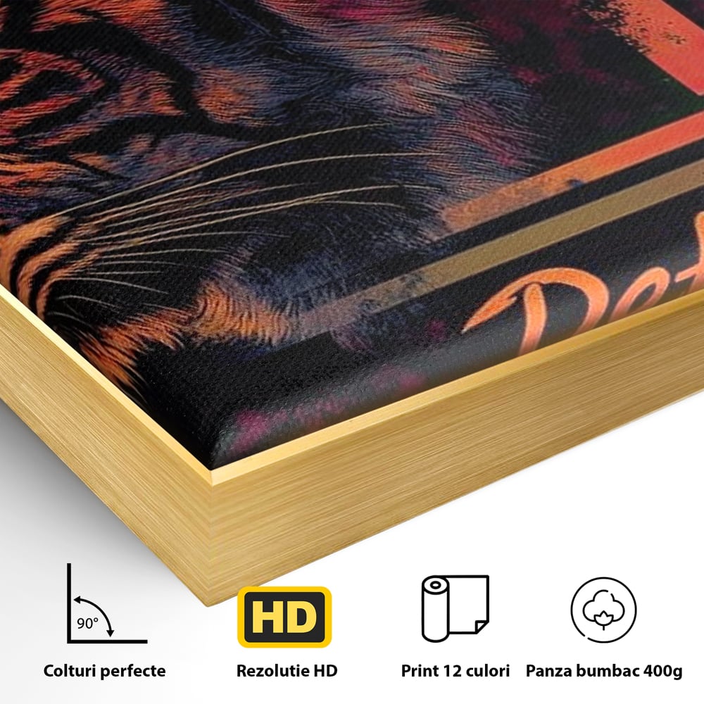 Detaliu al suprafetei: tablou canvas cu profil de tigru neon, in rama de aluminiu auriu