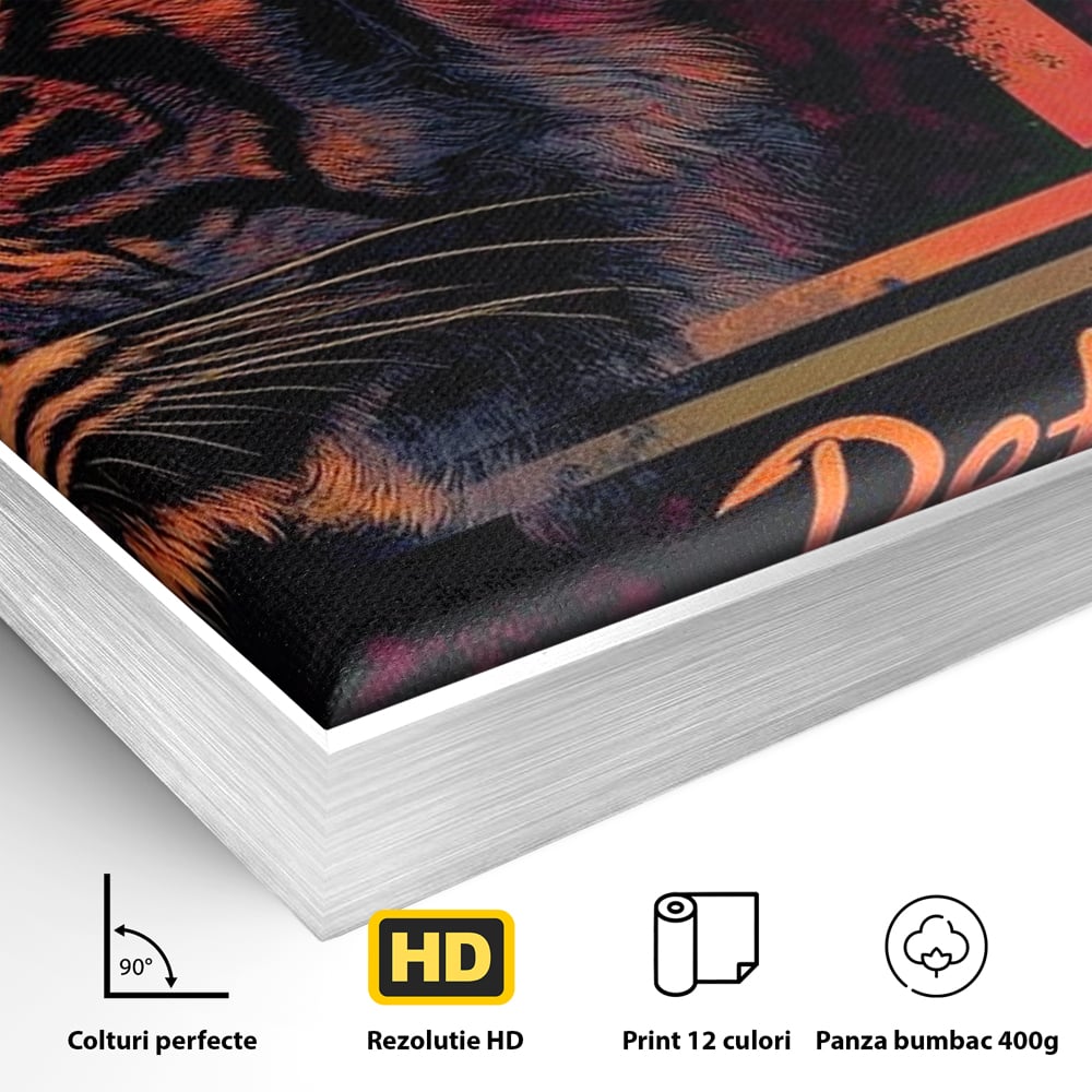 Detaliu al suprafetei: tablou canvas cu profil de tigru neon, in rama de aluminiu argintiu