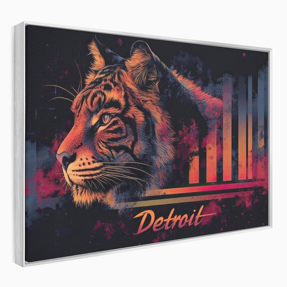 Tablou canvas cu tablou canvas cu profil de tigru neon, in rama de aluminiu argintiu