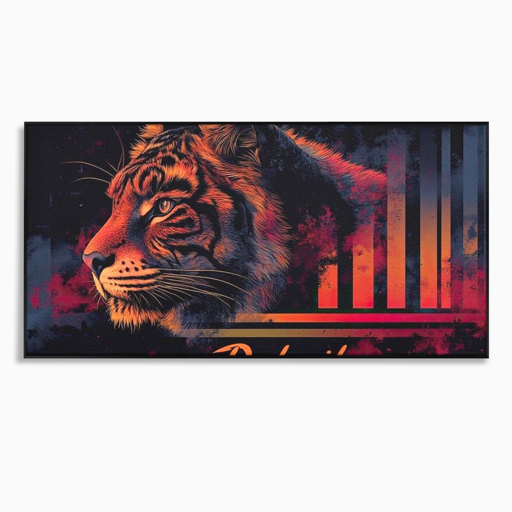 Tablou canvas cu tablou canvas cu profil de tigru neon, in rama de aluminiu negru