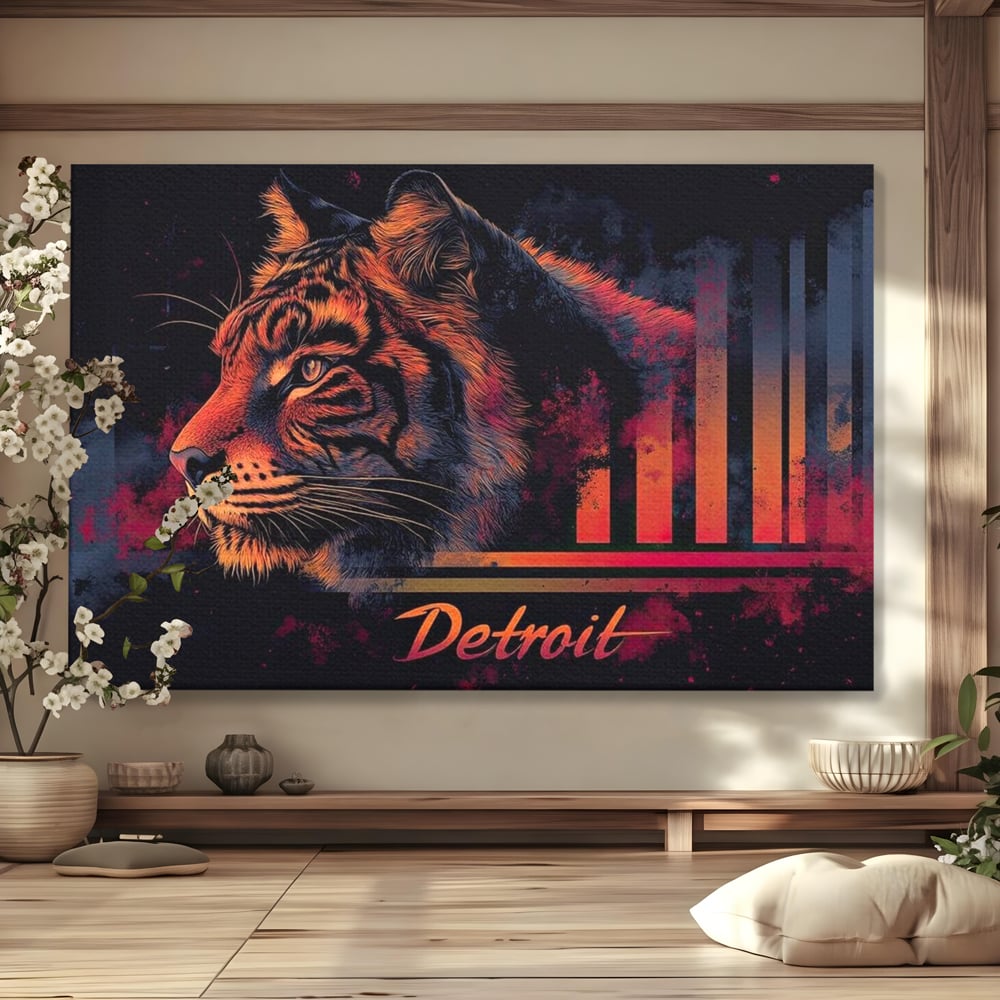 Tablou canvas cu tablou canvas cu profil de tigru neon, fara rama, pe sasiu de lemn