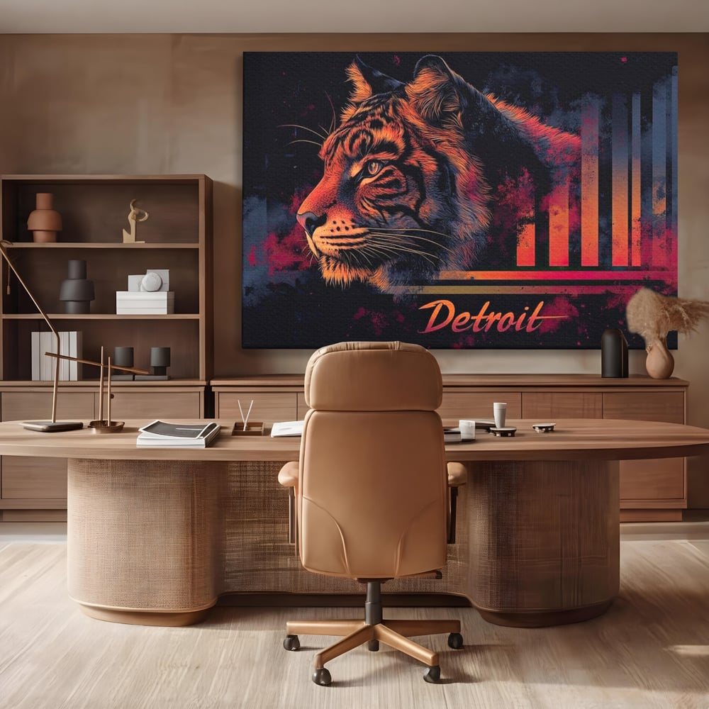 Tablou canvas cu tablou canvas cu profil de tigru neon, fara rama, pe sasiu de lemn, pe perete intr-un birou