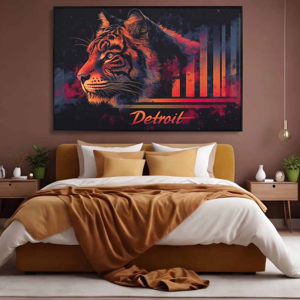 Tablou canvas cu tablou canvas cu profil de tigru neon, in rama de aluminiu negru, pe perete intr-un dormitor