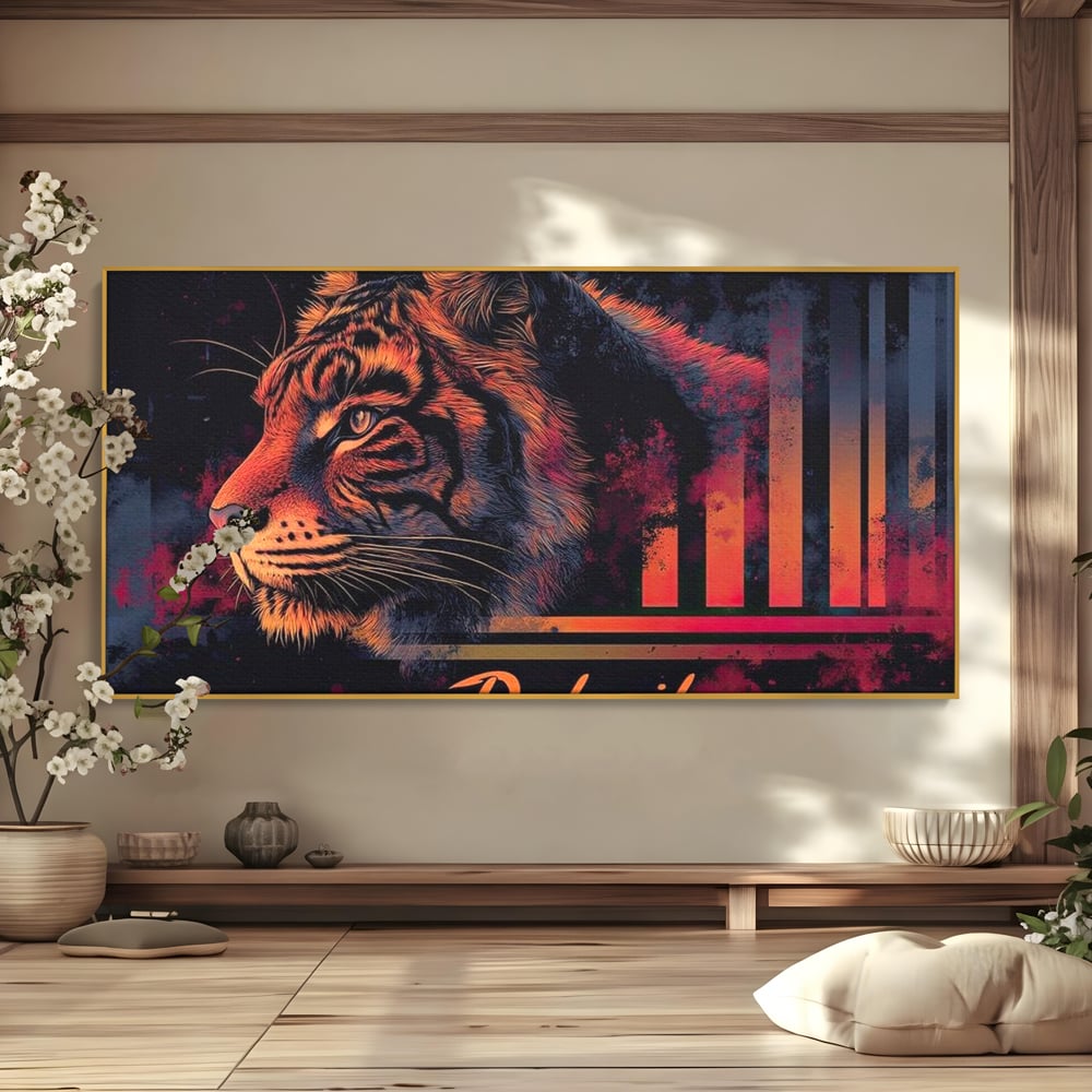 Tablou canvas cu tablou canvas cu profil de tigru neon, in rama de aluminiu auriu