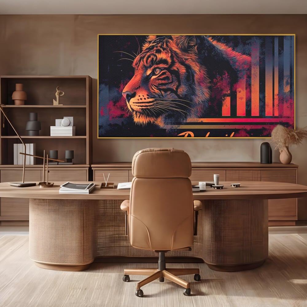 Tablou canvas cu tablou canvas cu profil de tigru neon, in rama de aluminiu auriu, pe perete intr-un birou