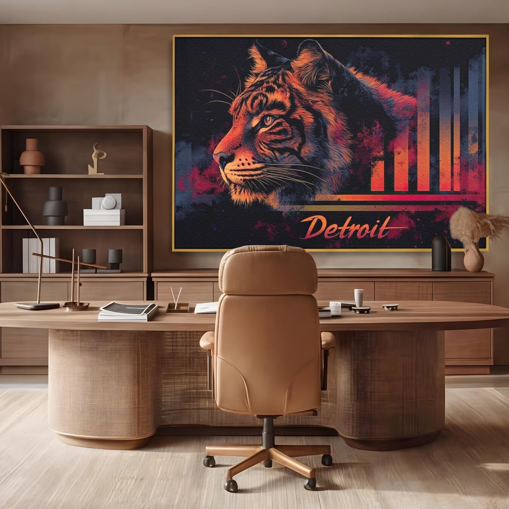 Tablou canvas cu tablou canvas cu profil de tigru neon, in rama de aluminiu auriu, pe perete intr-un birou