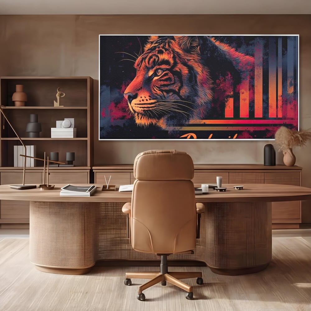 Tablou canvas cu tablou canvas cu profil de tigru neon, in rama de aluminiu argintiu, pe perete intr-un birou