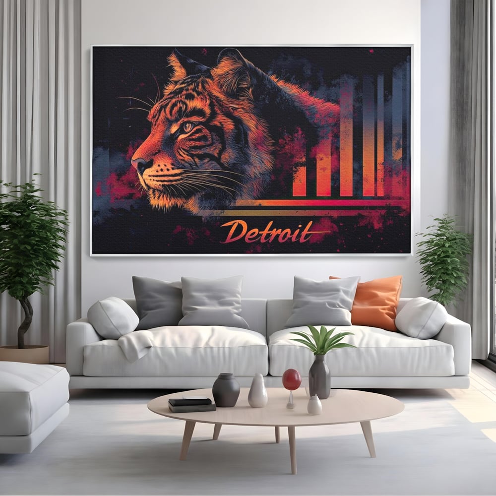 Tablou canvas cu tablou canvas cu profil de tigru neon, in rama de aluminiu argintiu, pe perete intr-un living