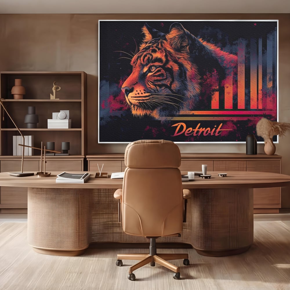 Tablou canvas cu tablou canvas cu profil de tigru neon, in rama de aluminiu argintiu, pe perete intr-un birou