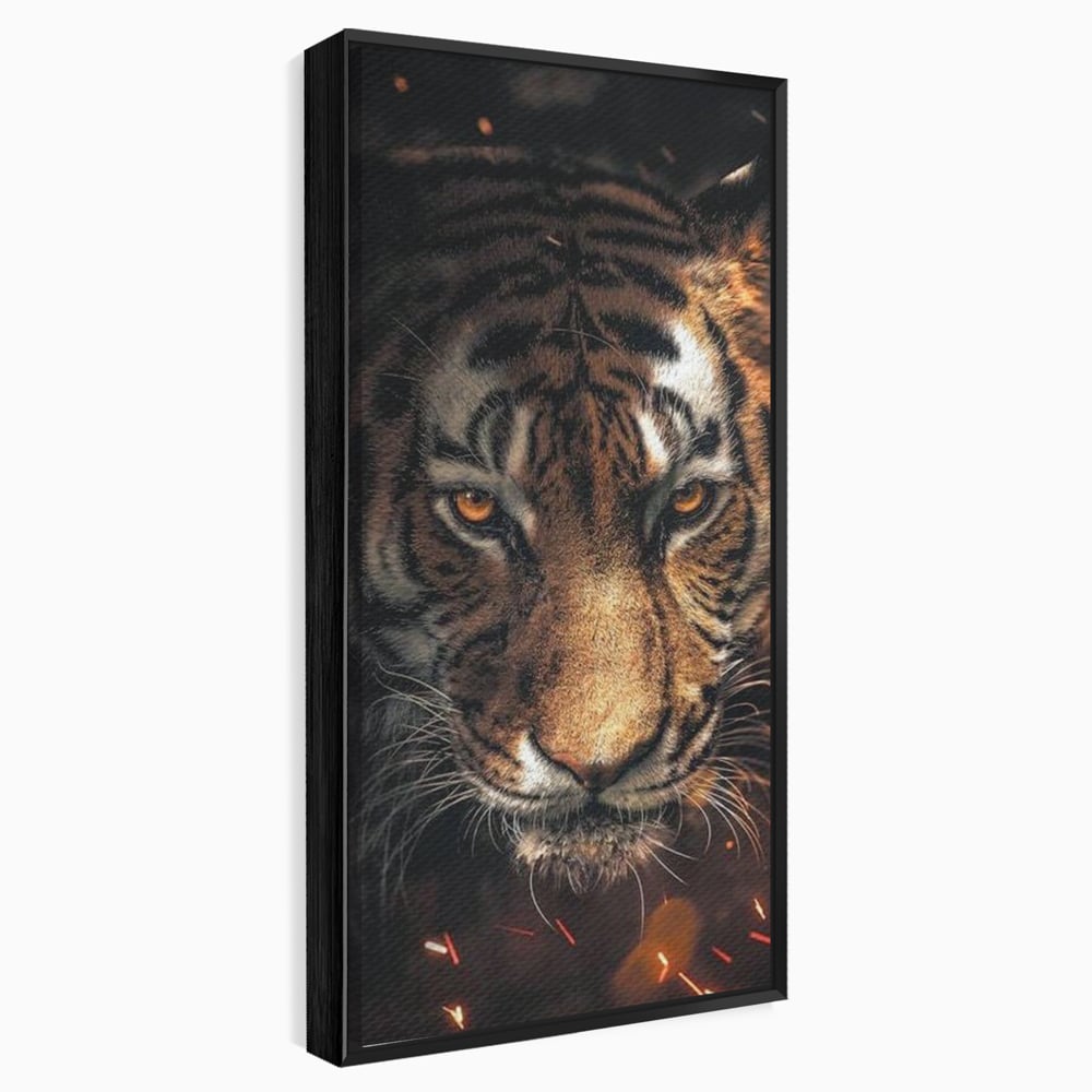 Tablou canvas cu tablou canvas cu cap de tigru si scantei, in rama de aluminiu negru