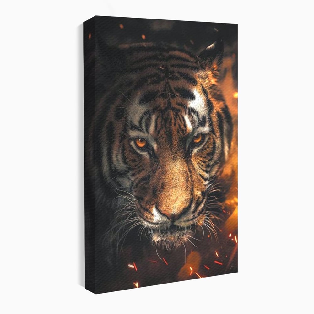 Tablou canvas cu tablou canvas cu cap de tigru si scantei, fara rama, pe sasiu de lemn
