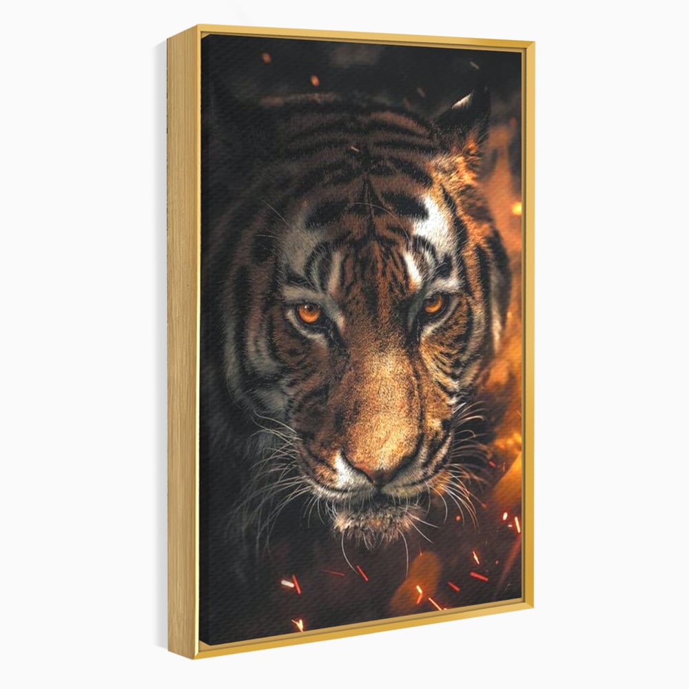 Tablou canvas cu tablou canvas cu cap de tigru si scantei, in rama de aluminiu auriu