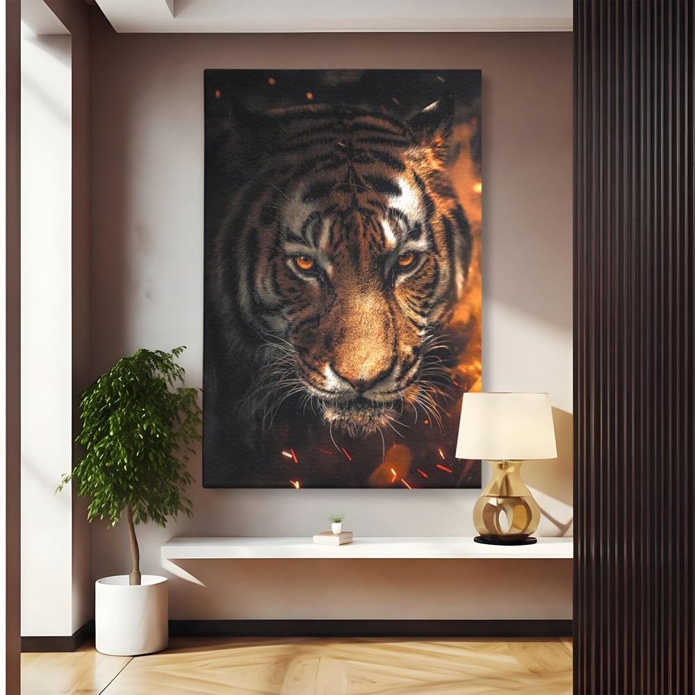 Tablou canvas cu tablou canvas cu cap de tigru si scantei, fara rama, pe sasiu de lemn