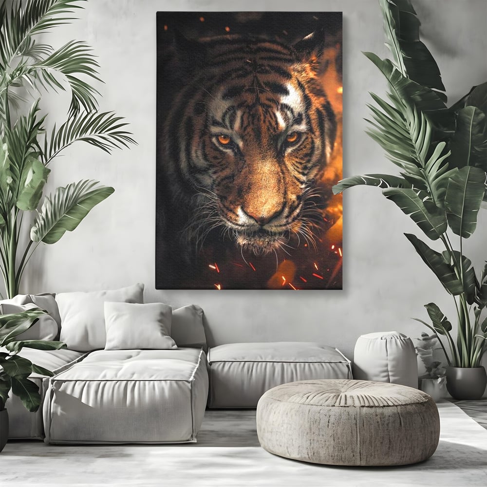 Tablou canvas cu tablou canvas cu cap de tigru si scantei, fara rama, pe sasiu de lemn, pe perete intr-un living