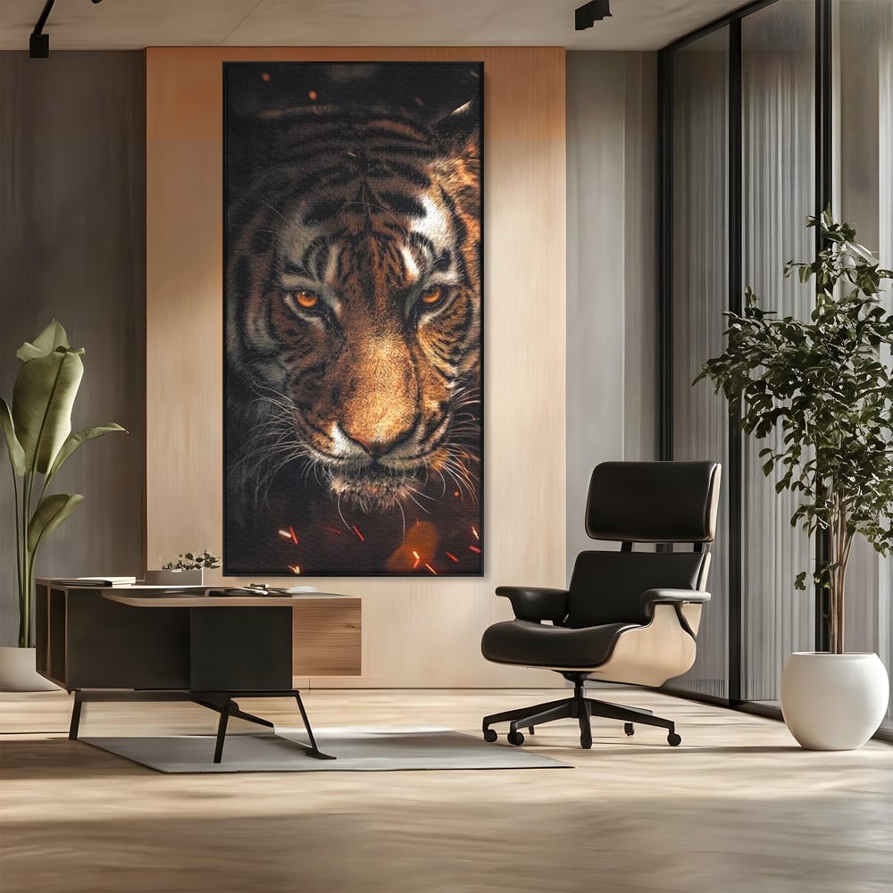 Tablou canvas cu tablou canvas cu cap de tigru si scantei, in rama de aluminiu negru, pe perete intr-un birou