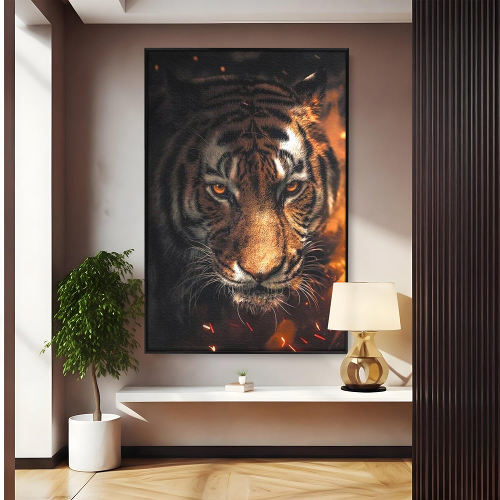 Tablou canvas cu tablou canvas cu cap de tigru si scantei, in rama de aluminiu negru