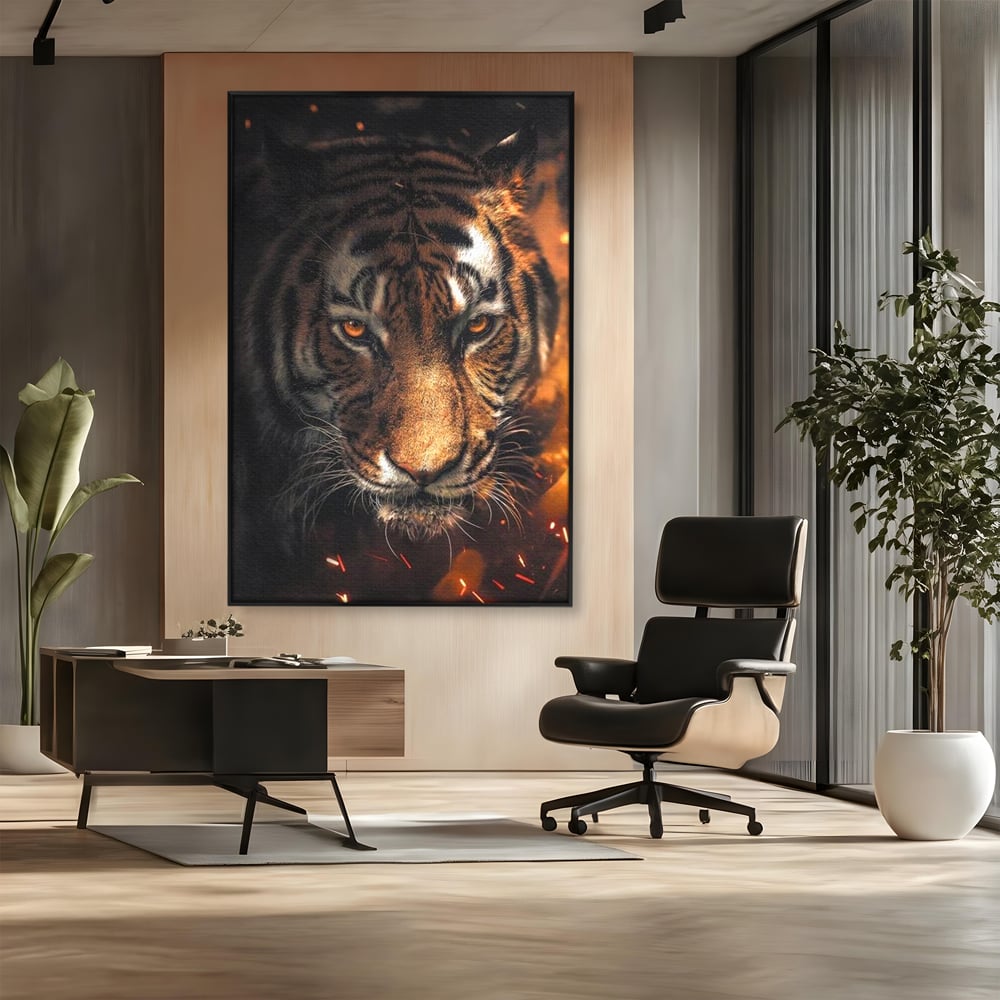 Tablou canvas cu tablou canvas cu cap de tigru si scantei, in rama de aluminiu negru, pe perete intr-un birou