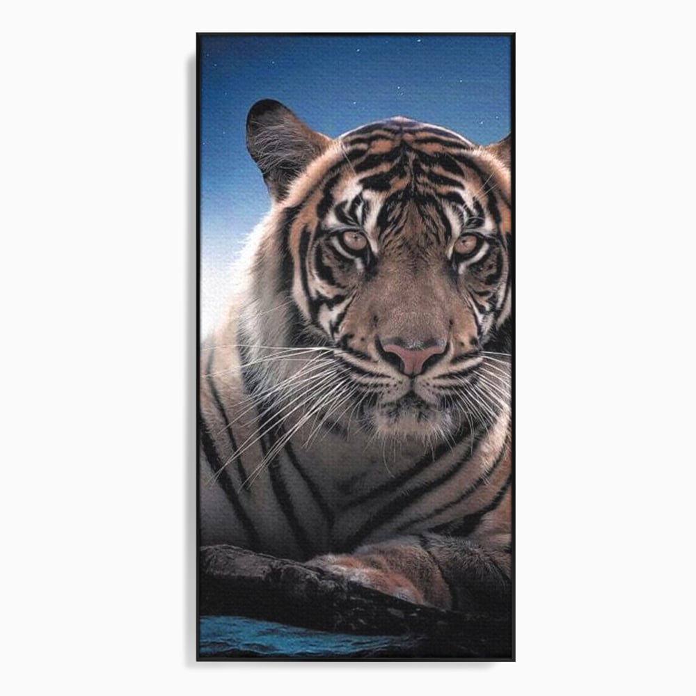 Tablou canvas cu tablou canvas cu tigru la lumina stelelor, in rama de aluminiu negru