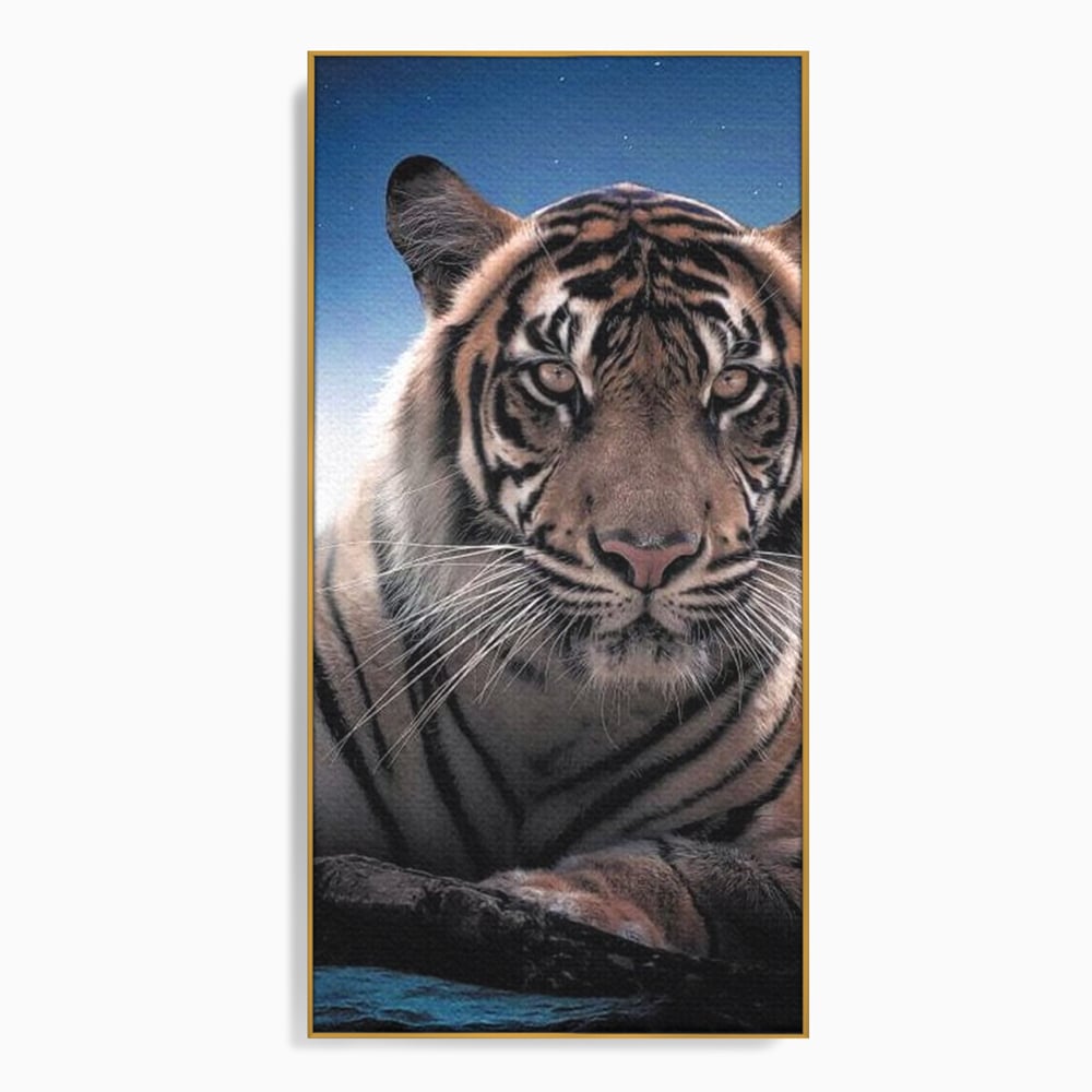 Tablou canvas cu tablou canvas cu tigru la lumina stelelor, in rama de aluminiu auriu