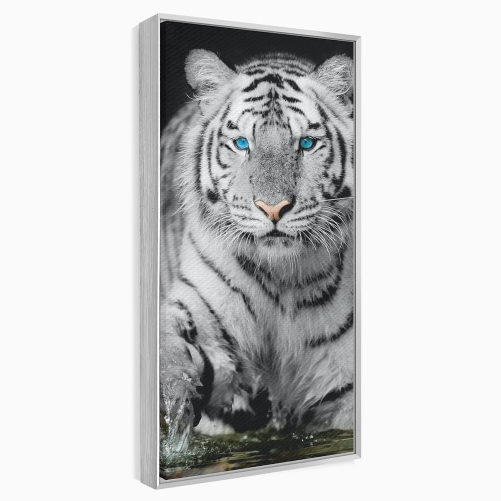Tablou canvas cu tablou canvas cu tigru alb, in rama de aluminiu argintiu