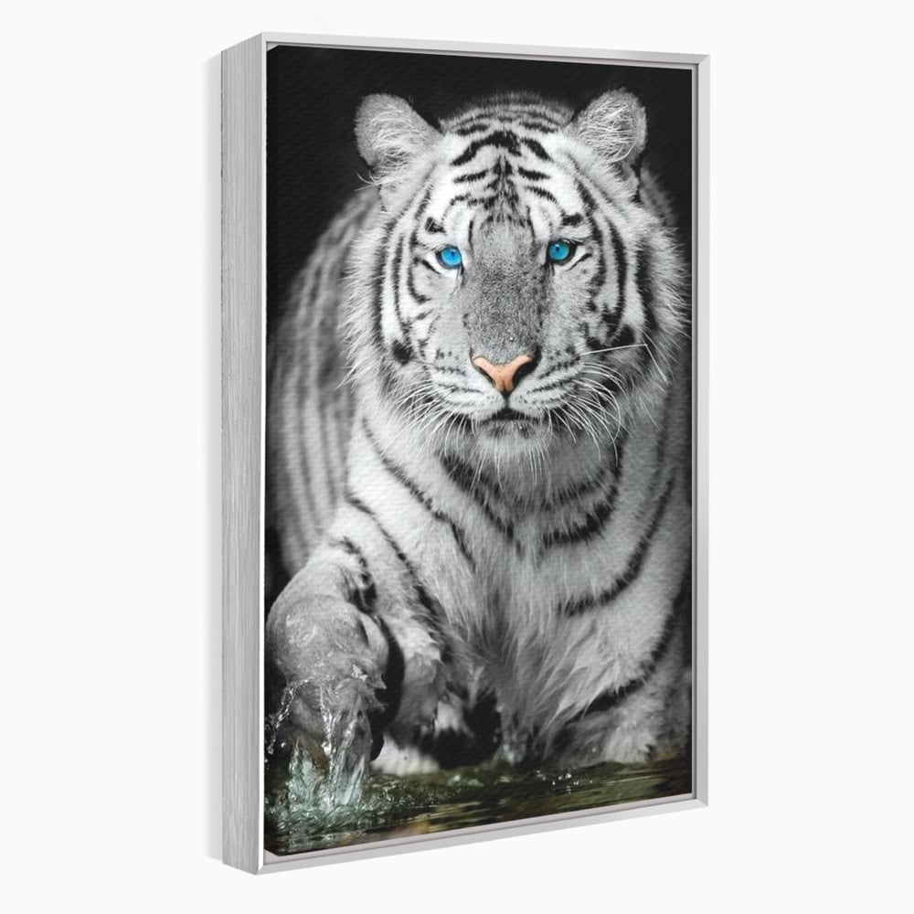 Tablou canvas cu tablou canvas cu tigru alb, in rama de aluminiu argintiu